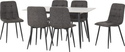Fenton Dining Set (6 Chairs)
White Marble Stone Effect/Dark Grey Suede Fabric