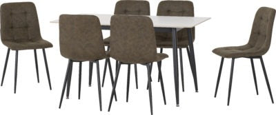 Fenton Dining Set (6 Chairs)
White Marble Stone Effect/Olive Green Suede Fabric
