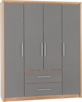 Seville 4 Door 2 Drawer Wardrobe
Grey High Gloss/Light Oak Effect Veneer