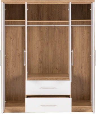 Seville 4 Door 2 Drawer Wardrobe
White High Gloss/Light Oak Effect Veneer