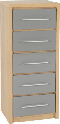 Seville 5 Drawer Narrow Chest
Grey High Gloss/Light Oak Effect Veneer